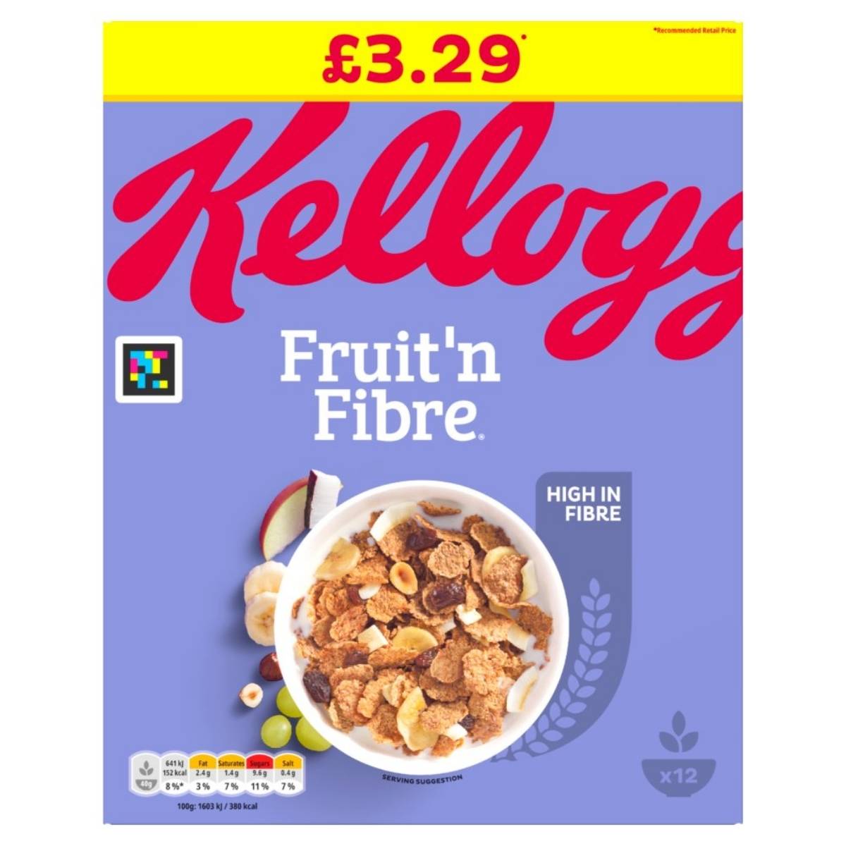 Kellogg's - Fruit 'n Fibre Cereal 500g box is priced at £3.29. The packaging showcases a bowl of cereal with fruits and nuts, carries the label "High in Fibre," and includes nutritional information.