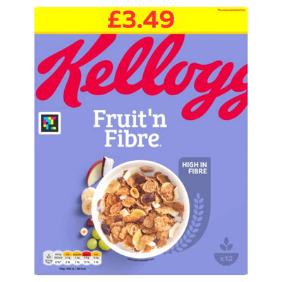 Kellogg's Fruit 'n Fibre Cereal 500g box featuring a cereal bowl and "High in Fibre" label, priced at £3.49.