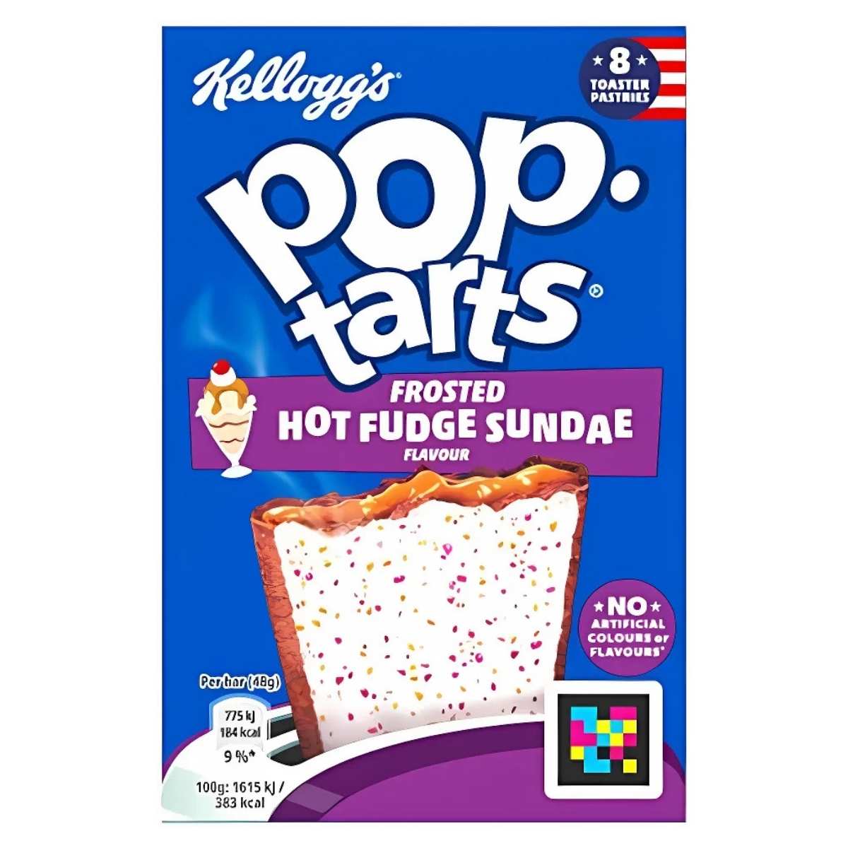 Kellogg's Pop-Tarts Frosted Hot Fudge Sundae Flavor, featuring sprinkles on top, with a U.S. flag icon indicating eight toaster pastries in the 384g box.