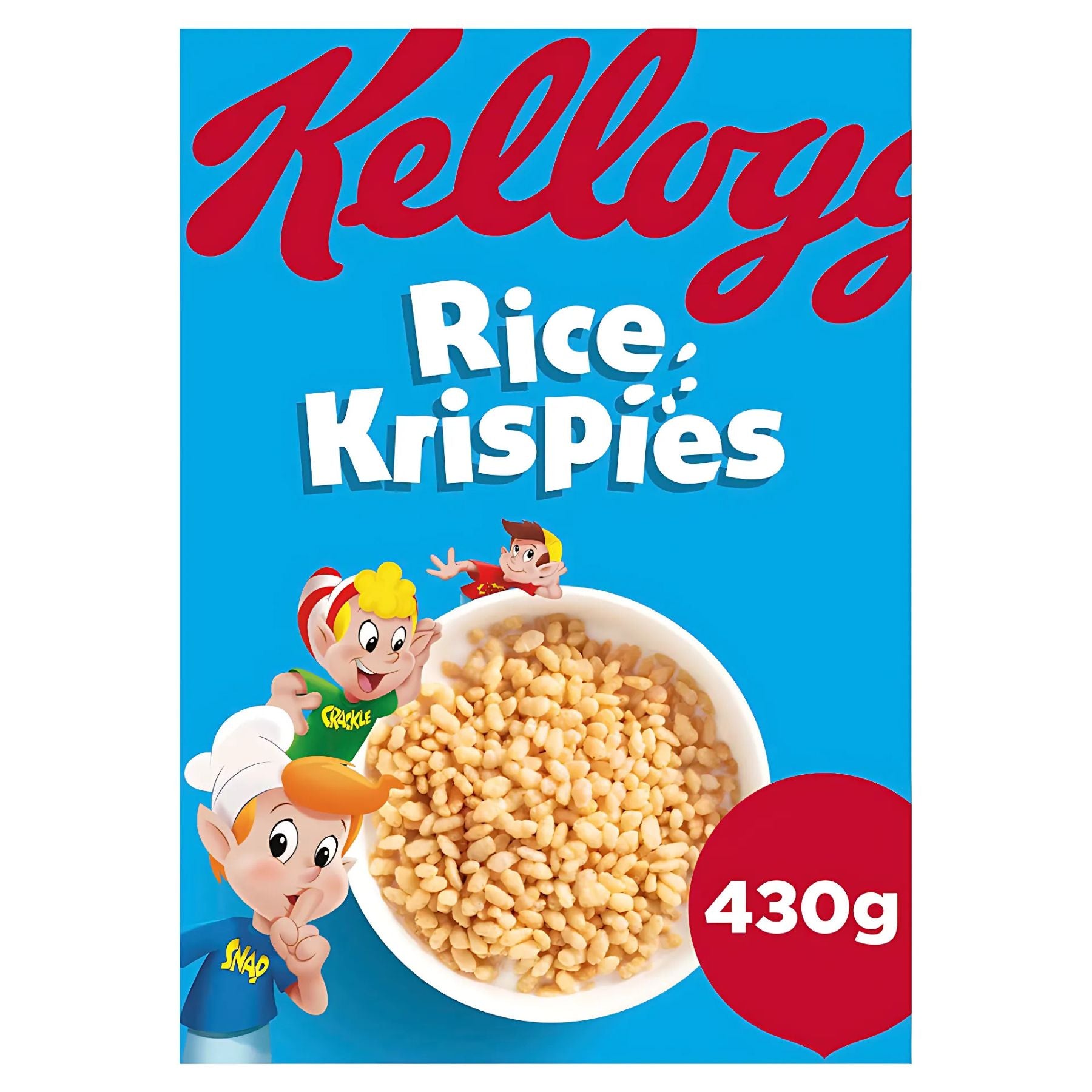 Kellogg's Rice Krispies 430g breakfast cereal box features toasted rice cereal and cartoon mascots on a bright blue background.