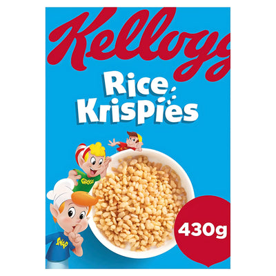Kellogg's Rice Krispies 430g breakfast cereal box features toasted rice cereal and cartoon mascots on a bright blue background.
