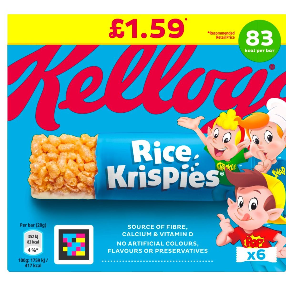 The Kellogg's Rice Krispies Cereal Bars, priced at £1.59 for a 120g box, include six bars. The packaging emphasizes fiber, calcium, and vitamin D content and promises no artificial colors, flavors, or preservatives.