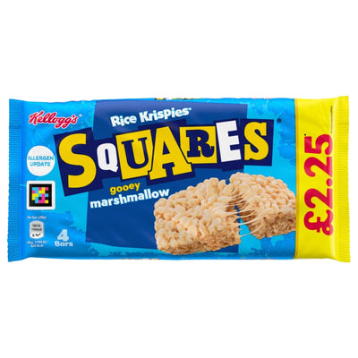 Four-pack of Kellogg’s - Rice Krispies Squares Marshmallow - 4x28g in a blue wrapper showing two puffed rice cereal bars being pulled apart with visible marshmallow strings.
