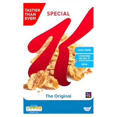 A 440g box of Kellogg’s Special K Original breakfast cereal by Kelloggs, featuring crispy flakes with high fibre, vitamins, and iron.
