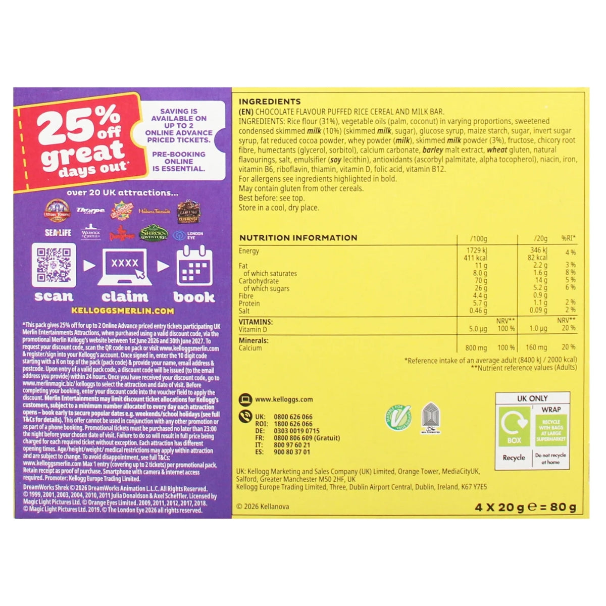 Back of Kellogg’s Coco Pops Chocolate Cereal Bars Multipack (4 x 20g) box showing ingredients, nutrition facts, a promotion for discounted UK attractions, recycling information, and featuring other popular chocolate cereal bars from Kellogg’s.