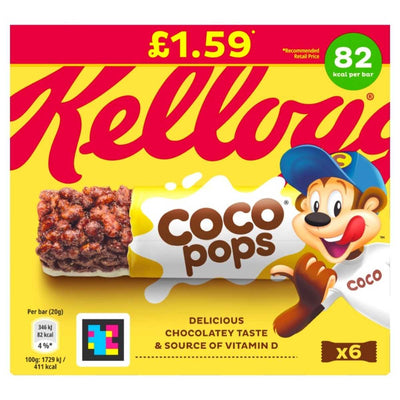 Kellogg's Coco Pops Chocolate Cereal Bars Multipack, containing six 20g bars, delivers the playful mascot experience in each bite. Priced at just £1.59, every tasty bar provides a sweet chocolate flavor with only 82 kcal per serving.