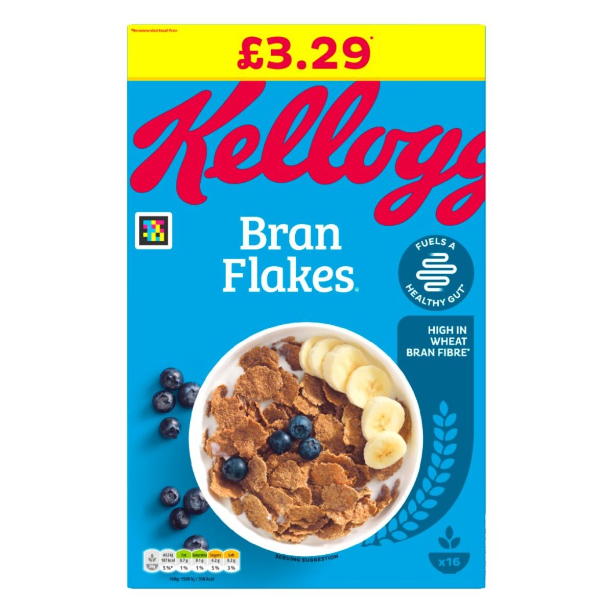 A Kelloggs - Bran Flakes - 500g cereal box costing £3.29, featuring an image of bran flakes in a bowl with sliced bananas and blueberries. The box highlights the high fiber content of this nutritious breakfast and promotes a healthy gut.