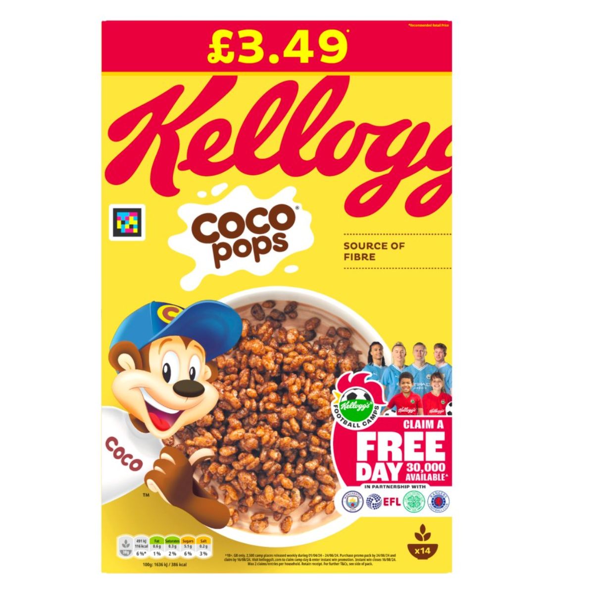 The Kellogg's - Coco Pops - 420g box showcases nutrition facts, a special offer for a free day out, and the popular cartoon character, Coco the Monkey. Enjoy its delightful chocolate flavor for only £3.49.