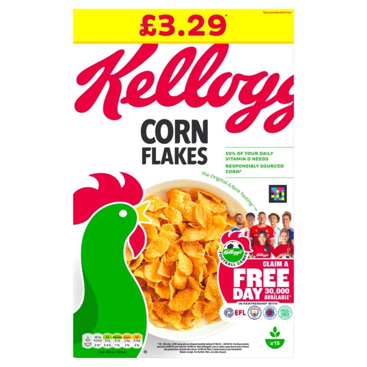 The Kellogg's - Corn Flakes - 450g cereal box, priced at £3.29, features a green rooster and a bowl of cornflakes made from natural grains. It includes a promotion for a free day out and is suitable for vegetarians.