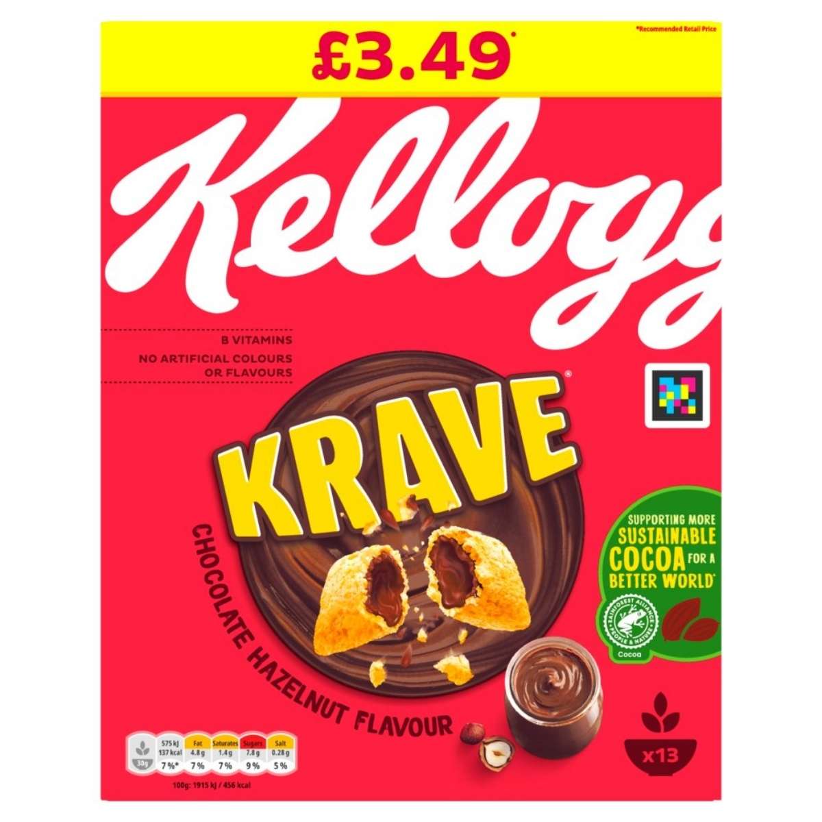 The Kellogg's - Krave Chocolate Hazelnut Flavour Cereal 410g box highlights its delicious chocolate hazelnut taste crafted with natural grains and is priced at £3.49. It features a sustainability label and displays cereal pieces filled with rich chocolate, making it a great option for vegetarians.