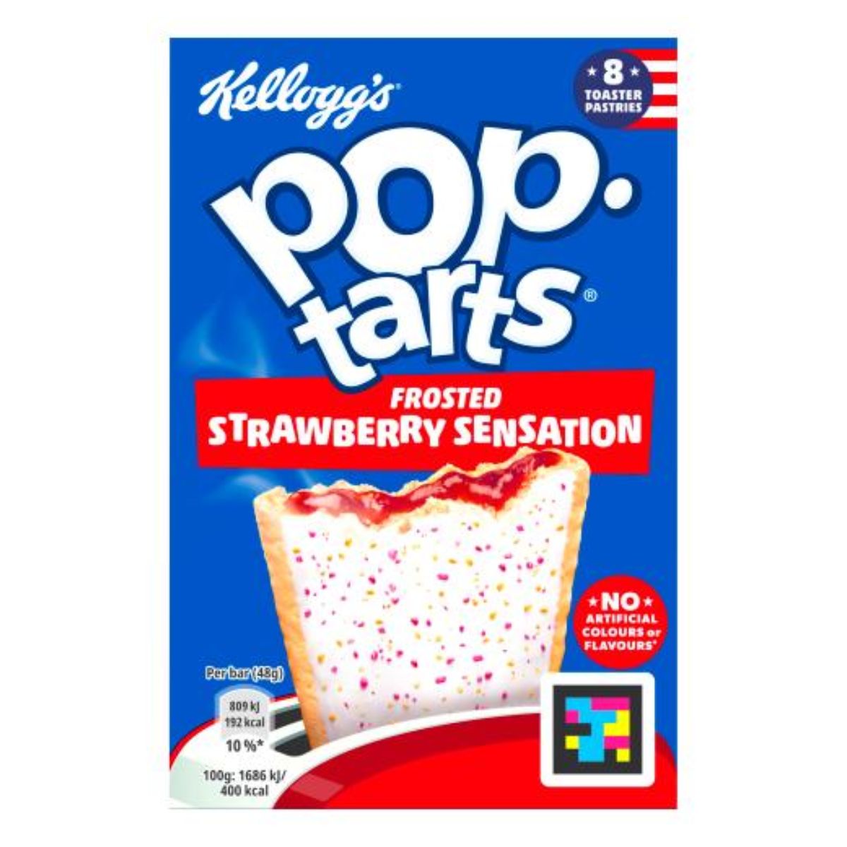 Image of Kellogg's - Pop Tarts Frosted Strawberry Sensation - 8 × 48g box. It showcases an image of a frosted pastry with sprinkles along with a banner that states "No Artificial Colours or Flavours.