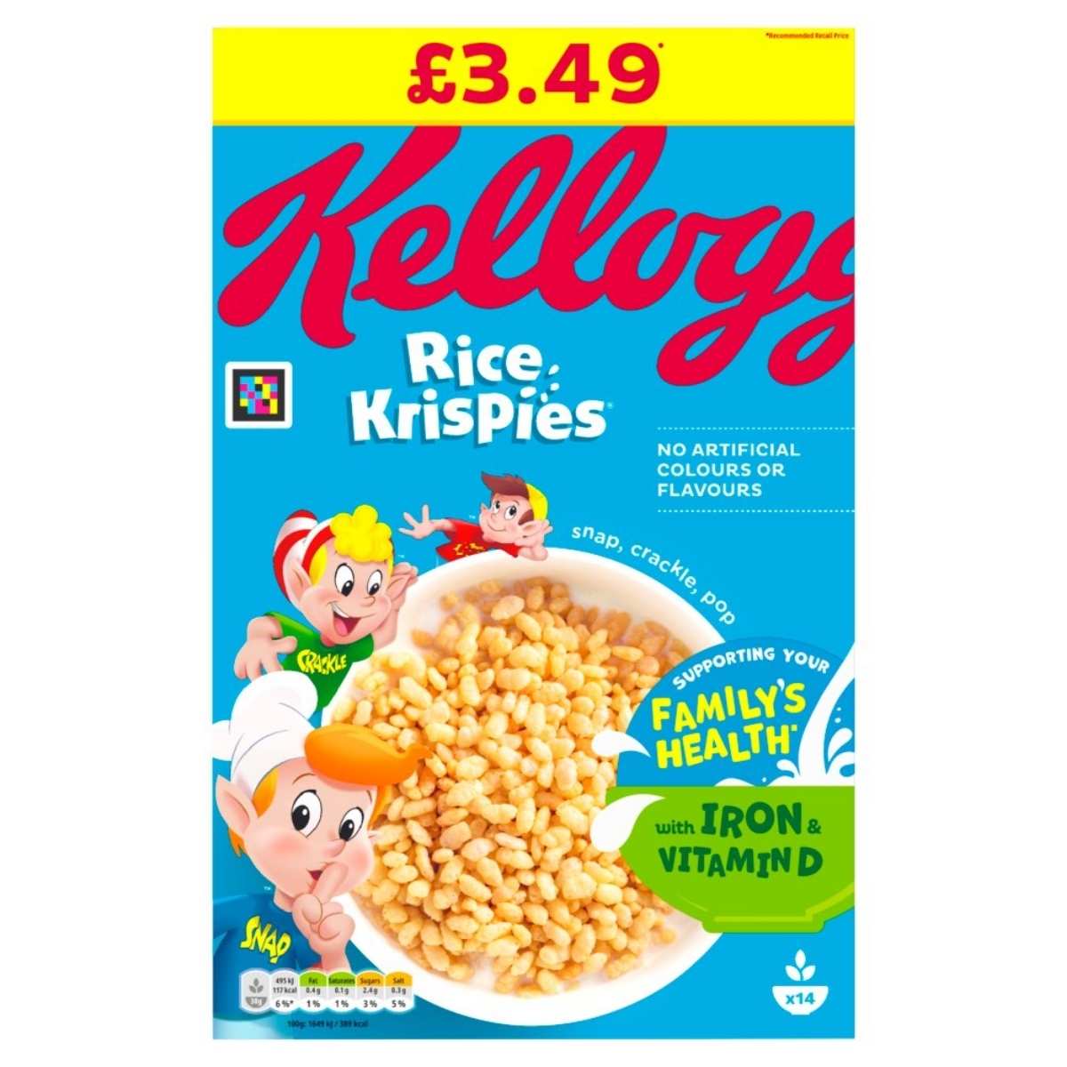 A 430g box of Kellogg's Rice Krispies cereal, made with natural grains and priced at £3.49, features colorful illustrations along with key nutritional benefits such as iron and vitamin D.