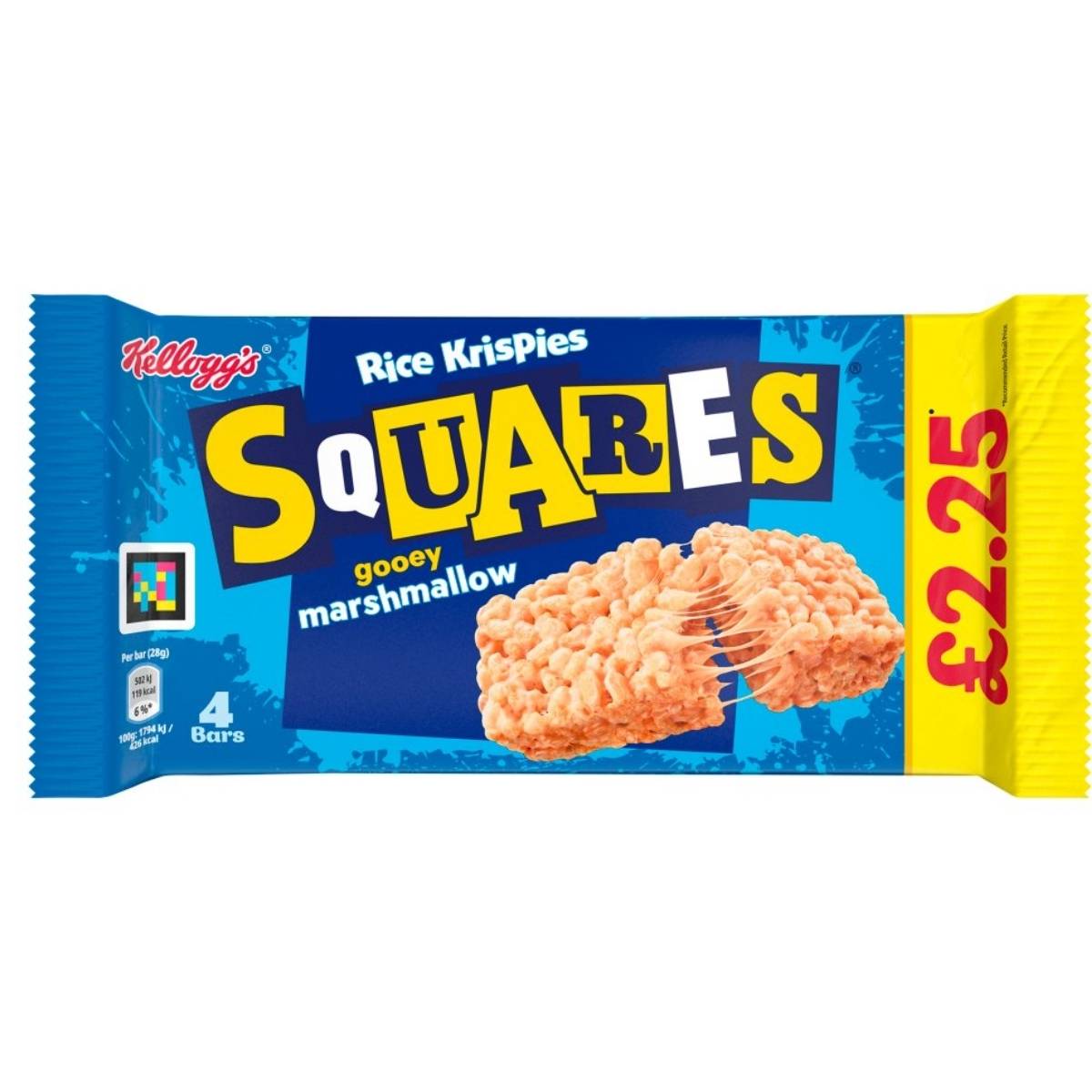 A pack of Kellogg's Rice Krispies Squares Marshmallow, consisting of four 28g bars and made with toasted rice cereal, is priced at £2.25.