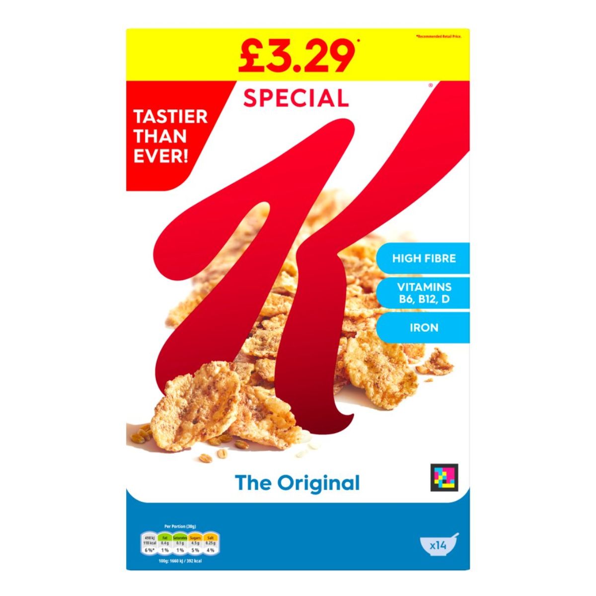 A 440g box of Kellogg's Special K Original cereal, priced at £3.29, is rich in high fibre and contains vitamins B6, B12, D, and iron. It's an excellent choice for vegetarians looking for a nutritious start to their day.