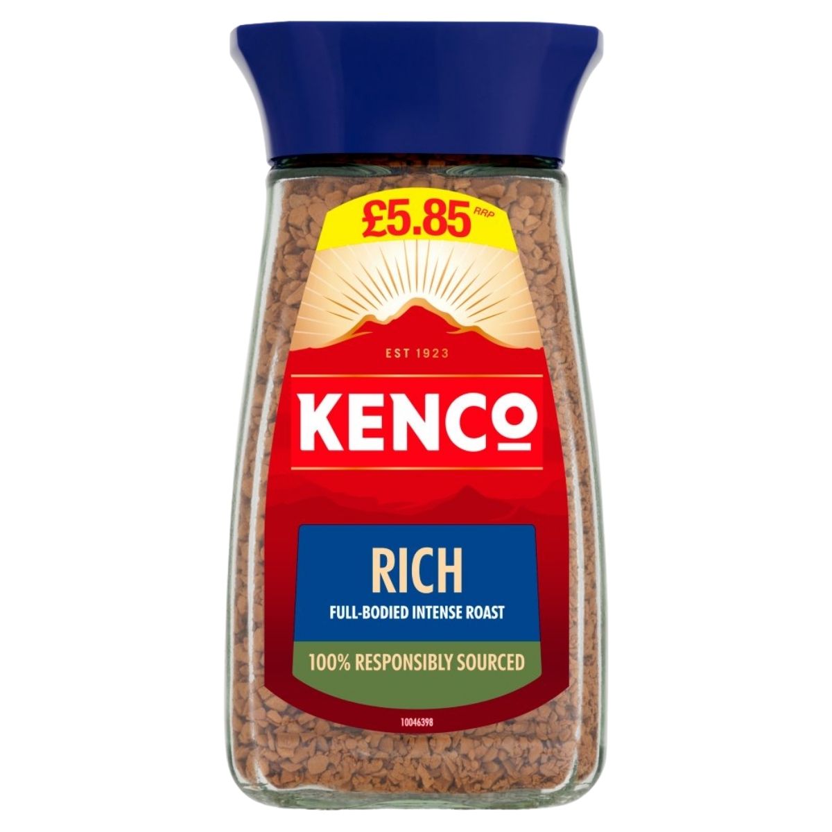 Kenco Rich instant coffee jar with blue lid on a white background