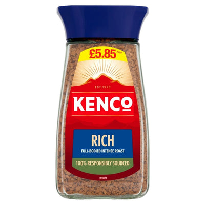 Kenco Rich instant coffee jar with blue lid on a white background