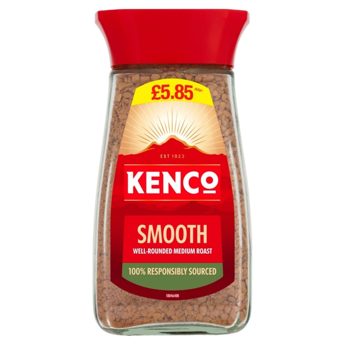 Kenco smooth instant coffee jar with red lid on a white background