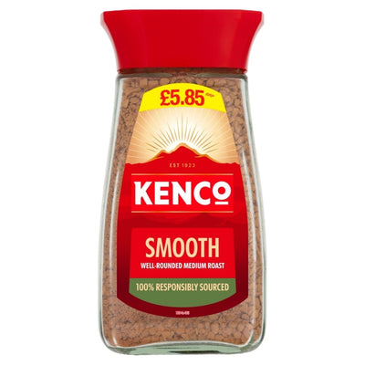 Kenco smooth instant coffee jar with red lid on a white background