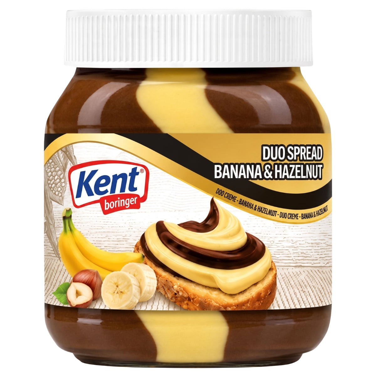 A jar of Kent Boringer Duo Spread Banana & Hazelnut spread, showing the brown and yellow spread inside the clear jar, with a white cap and a label featuring bananas, hazelnuts, and a toast with spread.