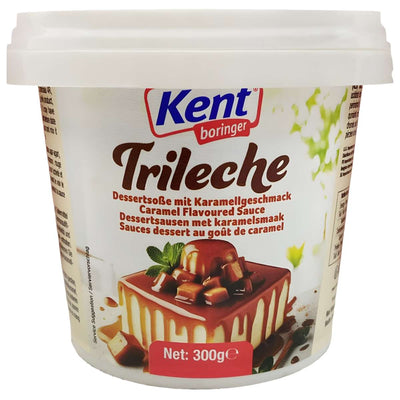 A 300g Kent Boringer Trileche Caramel Flavoured Sauce, with a label showing dessert topped with caramel and mint.