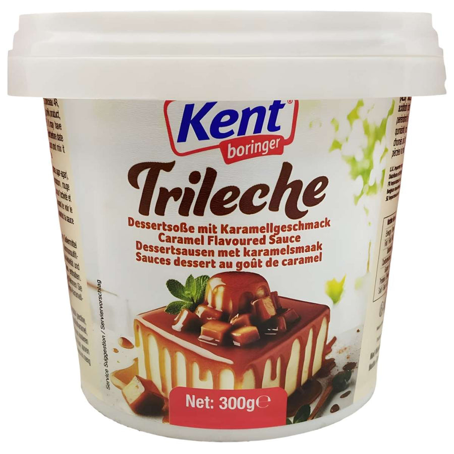 A 300g Kent Boringer Trileche Caramel Flavoured Sauce, with a label showing dessert topped with caramel and mint.