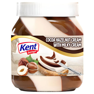 A 350g jar of Kent Cocoa Hazelnut Cream With Milky Cream Spread, featuring a delicious hazelnut and milky swirl, whole hazelnuts, and a slice of bread with the creamy blend on its label.