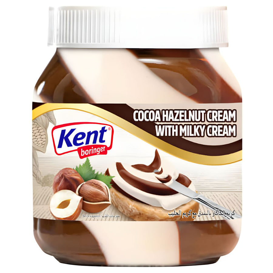A 350g jar of Kent Cocoa Hazelnut Cream With Milky Cream Spread, featuring a delicious hazelnut and milky swirl, whole hazelnuts, and a slice of bread with the creamy blend on its label.