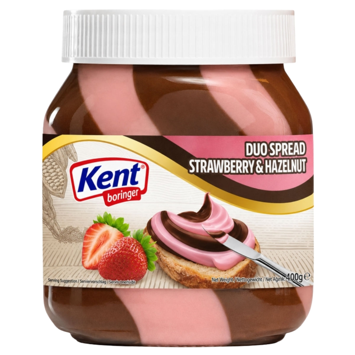A 350g jar of Kent Boring! Duo Spread Strawberry & Hazelnut nut spread, featuring a white cap and a label with illustrations of a strawberry and a hazelnut spread with pink cream and chocolate.