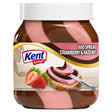 A 350g jar of Kent Boring! Duo Spread Strawberry & Hazelnut nut spread, featuring a white cap and a label with illustrations of a strawberry and a hazelnut spread with pink cream and chocolate.