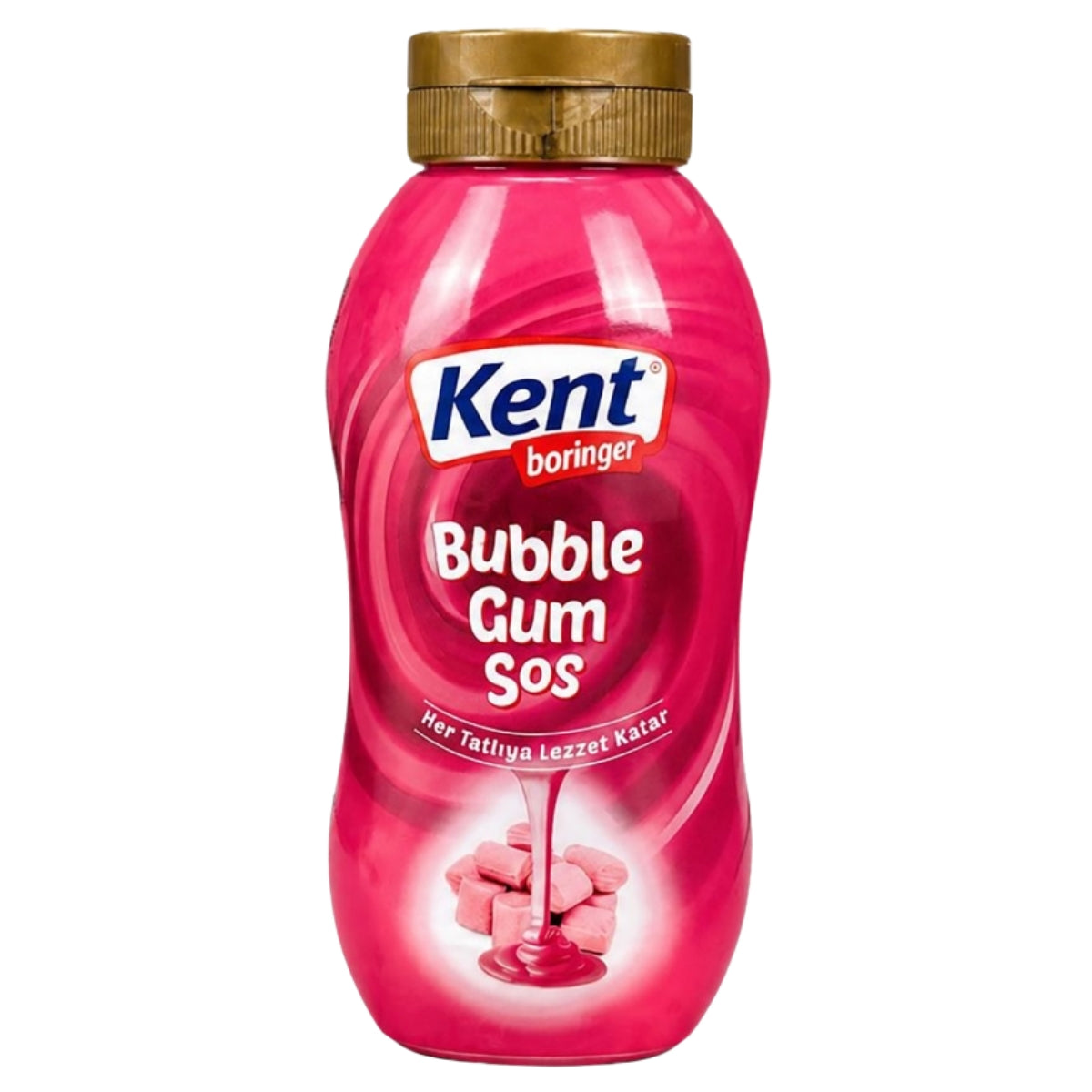 A 300g bottle of Kent Boringer Bubble Gum Sauce, distinguished by its gold cap and pink label decorated with an image of pink syrup drizzled over bubble gum pieces, and made with glucose syrup for added sweetness.
