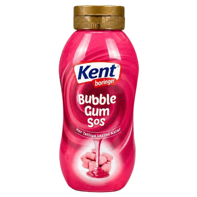 A 300g bottle of Kent Boringer Bubble Gum Sauce, distinguished by its gold cap and pink label decorated with an image of pink syrup drizzled over bubble gum pieces, and made with glucose syrup for added sweetness.