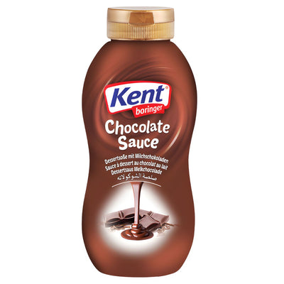 The Kent Boringer - Chocolate Sauce - 300g bottle features a swirl design on the label, showing rich and creamy chocolate sauce being poured over chocolate pieces.