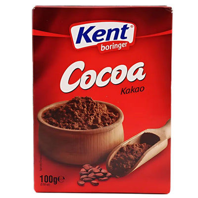 Kent Boringer - Cocoa Powder - 100g comes in a red box featuring a bowl, scoop of cocoa powder, and cocoa beans. Ideal for baking and adding rich chocolate flavor. Net weight: 100g.