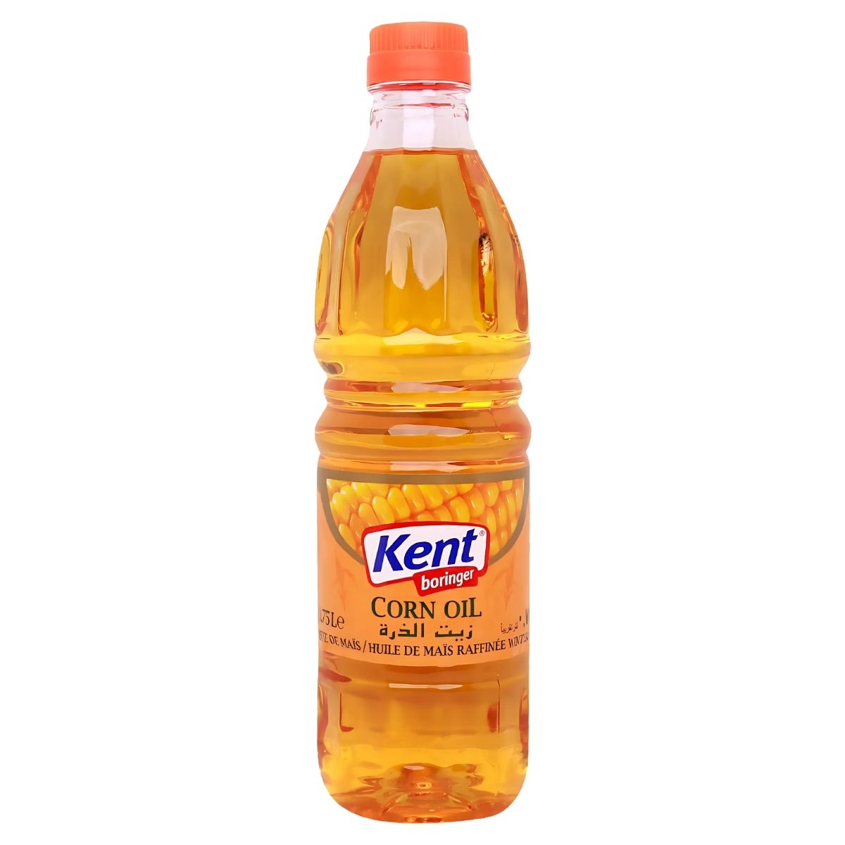 Kent Boringer Corn Oil, 750ml, comes in a bottle with an orange cap and features a corn graphic on its orange label, perfect for your cooking needs.