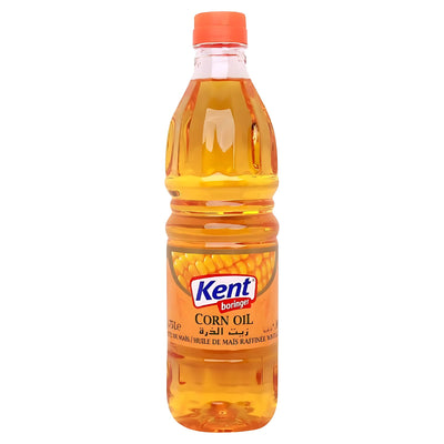 Kent Boringer - Corn Oil - 750ml comes in a plastic bottle with an orange cap and label showing corn, featuring multilingual text and a high smoke point for versatile cooking.