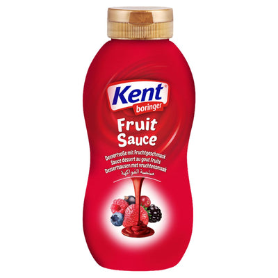 A 320g red plastic bottle of Kent Boringer Fruit Sauce with natural fruit flavor and mixed berry images on a multilingual label—ideal as a dessert topping.