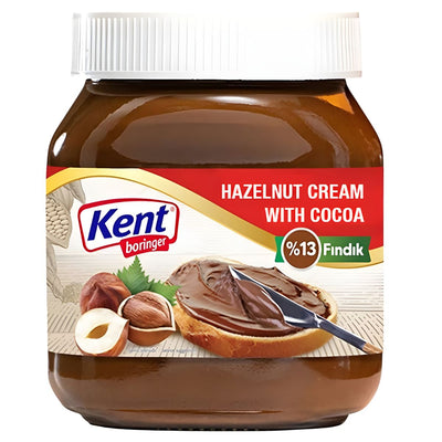 A 350g jar of Kent Boringer Hazelnut Cream with Cocoa, showing toast with the spread, whole hazelnuts, and product details on the label.