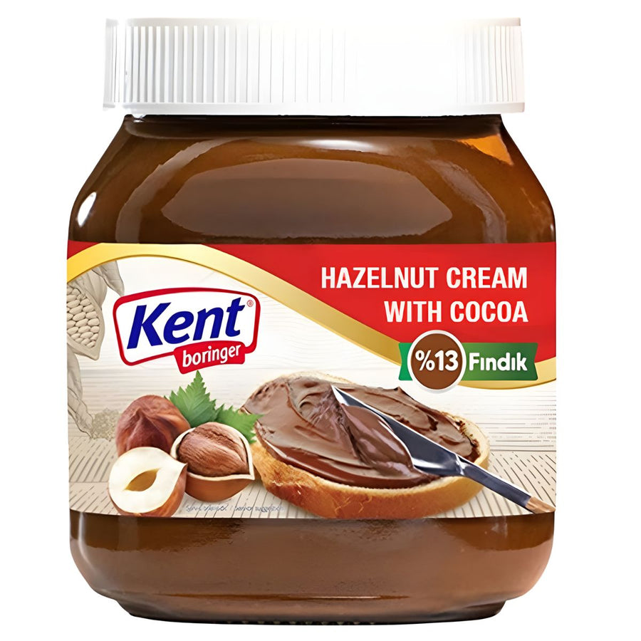 A 350g jar of Kent Boringer Hazelnut Cream with Cocoa, showing toast with the spread, whole hazelnuts, and product details on the label.