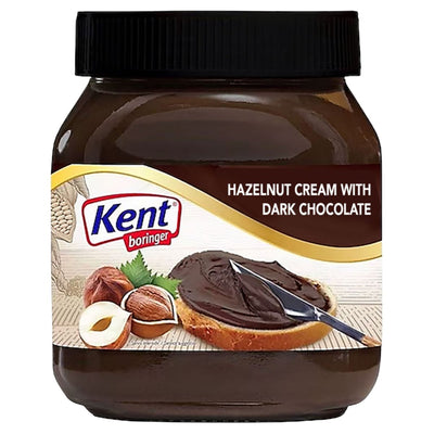 A 350g jar of Kent Boringer Hazelnut Cream with Dark Chocolate, showing a knife spreading the creamy hazelnut chocolate on bread, with hazelnuts beside the jar.