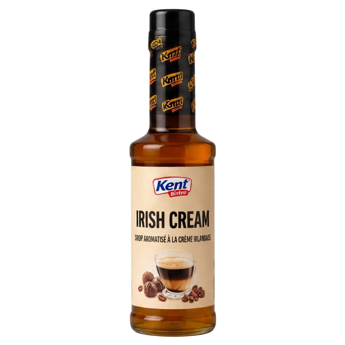 A bottle of Kent Irish Cream coffee syrup with a beige label and black cap, shown on a plain white background.