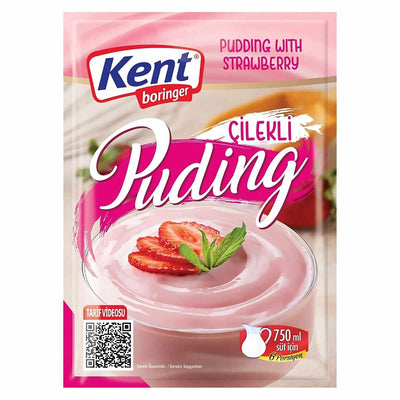 A 125g packet of Kent Boringer Strawberry Pudding mix with an image of pink dessert topped with strawberries and mint; the packaging displays preparation instructions and Kent Boringer branding.