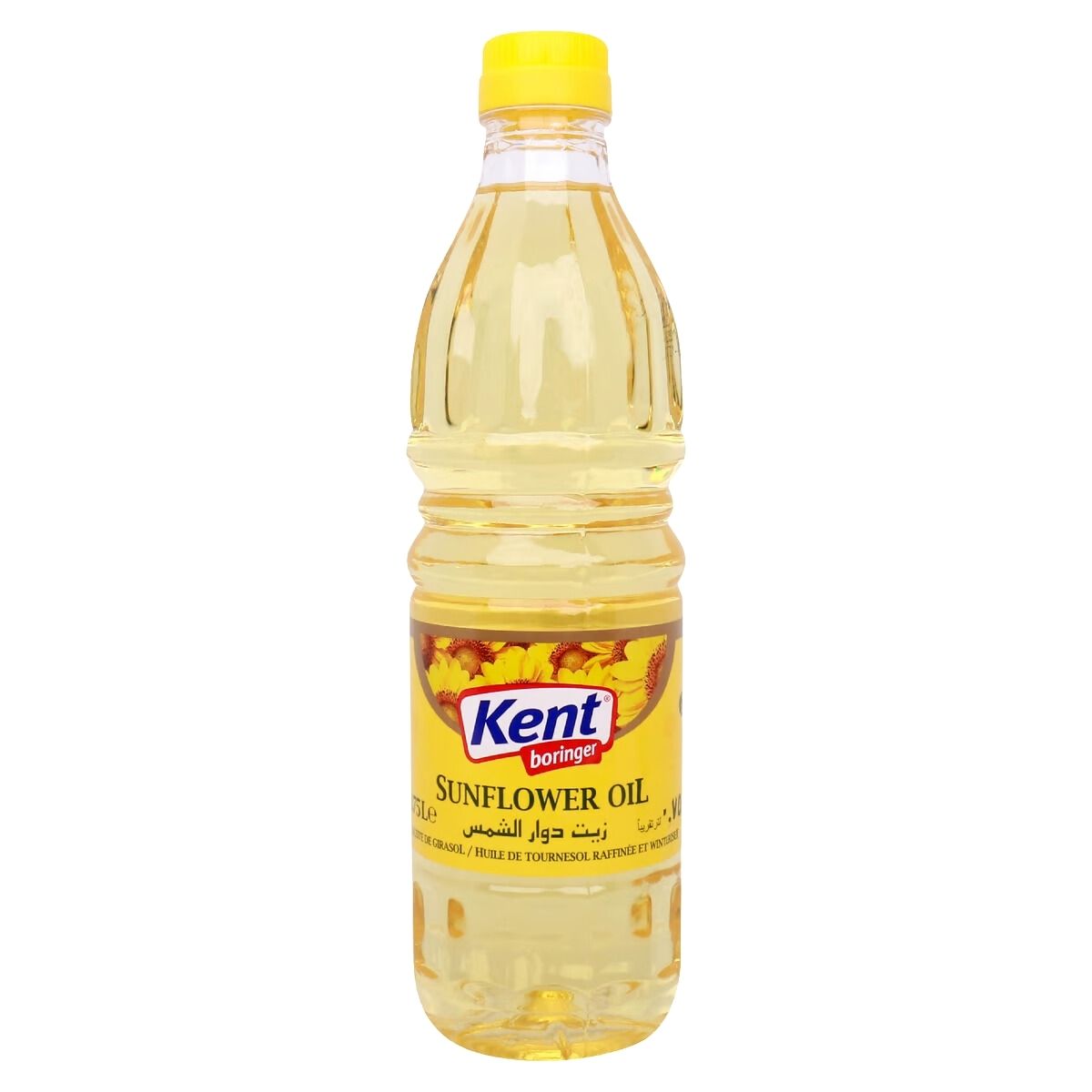 The Kent Boringer Sunflower Oil, in a 750ml clear plastic bottle with a yellow cap, enhances your cooking with its delicate flavor.