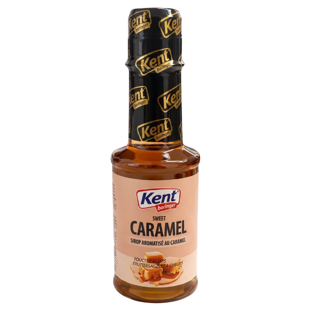 A 200ml bottle of Kent Boringer Sweet Caramel Flavoured Coffee Syrup with a beige label, black cap, images of caramel pieces, and bilingual English-French text.