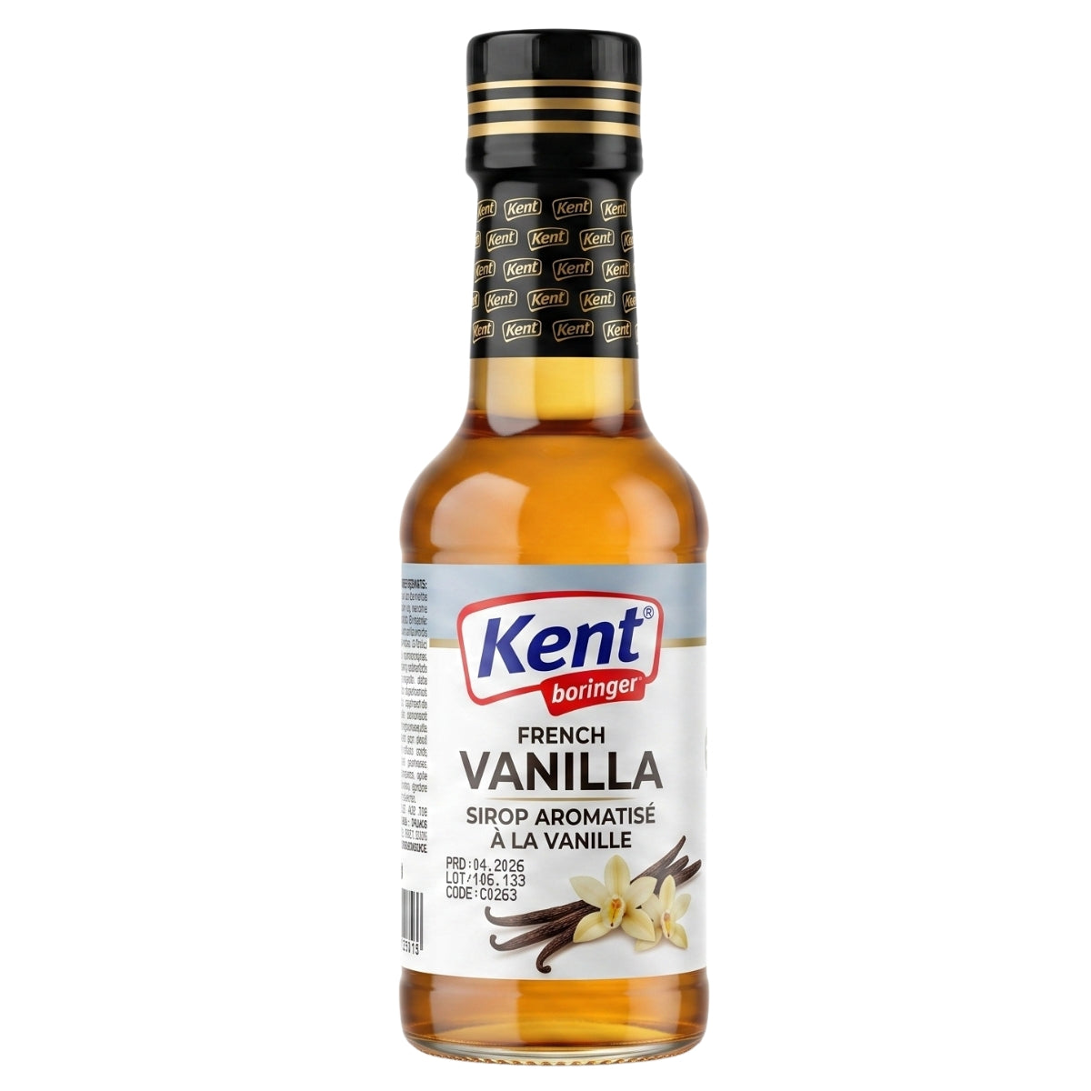A bottle of Kent Boringer French Vanilla syrup on a plain white background.