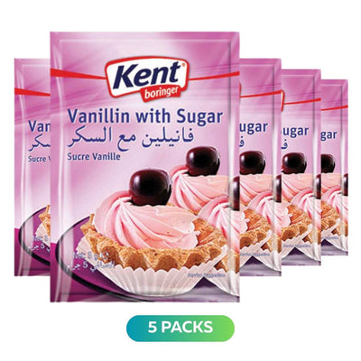 Kent Boringer Vanillin With Sugar 5 x 5g packs, ideal for baking, with pink-frosted tart and cherry packaging and a rich vanilla flavor.