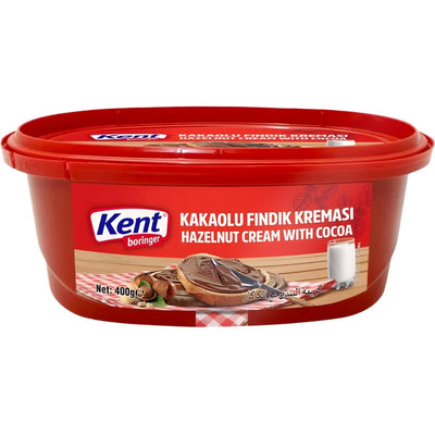 Kent Boringer Hazelnut Cream With Cocoa, 400g—packed in a red plastic tub with serving suggestion and glass of milk on the label—is a delicious spread perfect for breakfast or snacks.