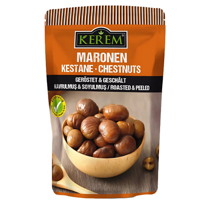 A 125g package of Kerem Chestnuts Peeled is shown, displaying a bowl of chestnuts on the front and product details in several languages.