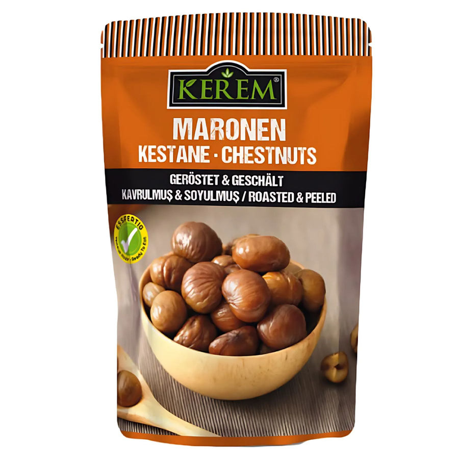 A 125g package of Kerem Chestnuts Peeled is shown, displaying a bowl of chestnuts on the front and product details in several languages.