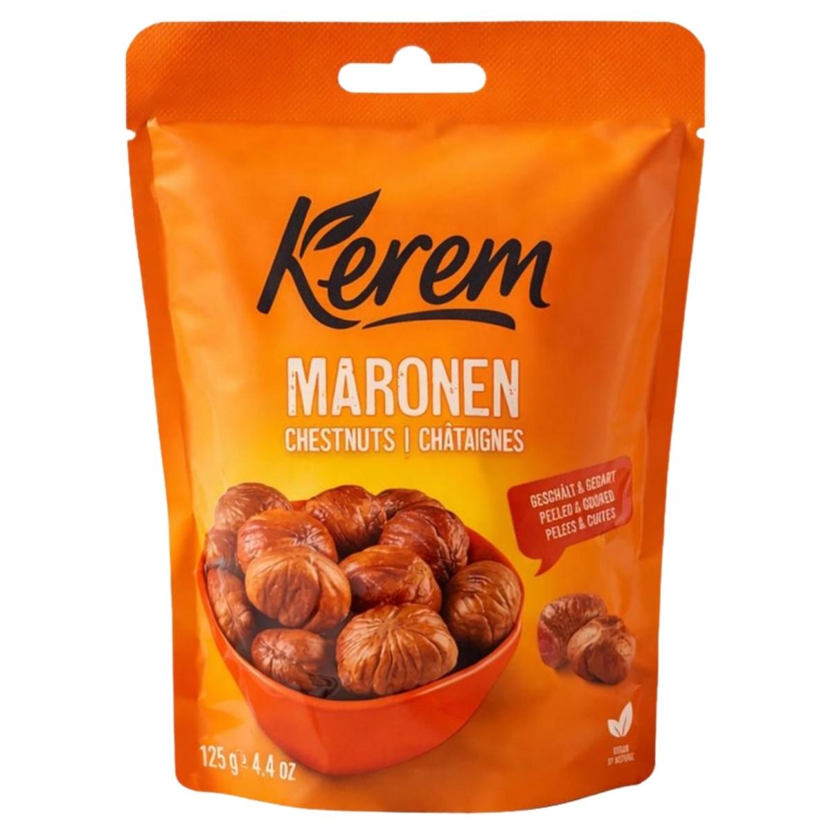 A 125g orange pouch labeled "Kerem - Peeled & Cooked Chestnuts" by Kerem features an image of chestnuts in a bowl and contains peeled, cooked chestnuts.