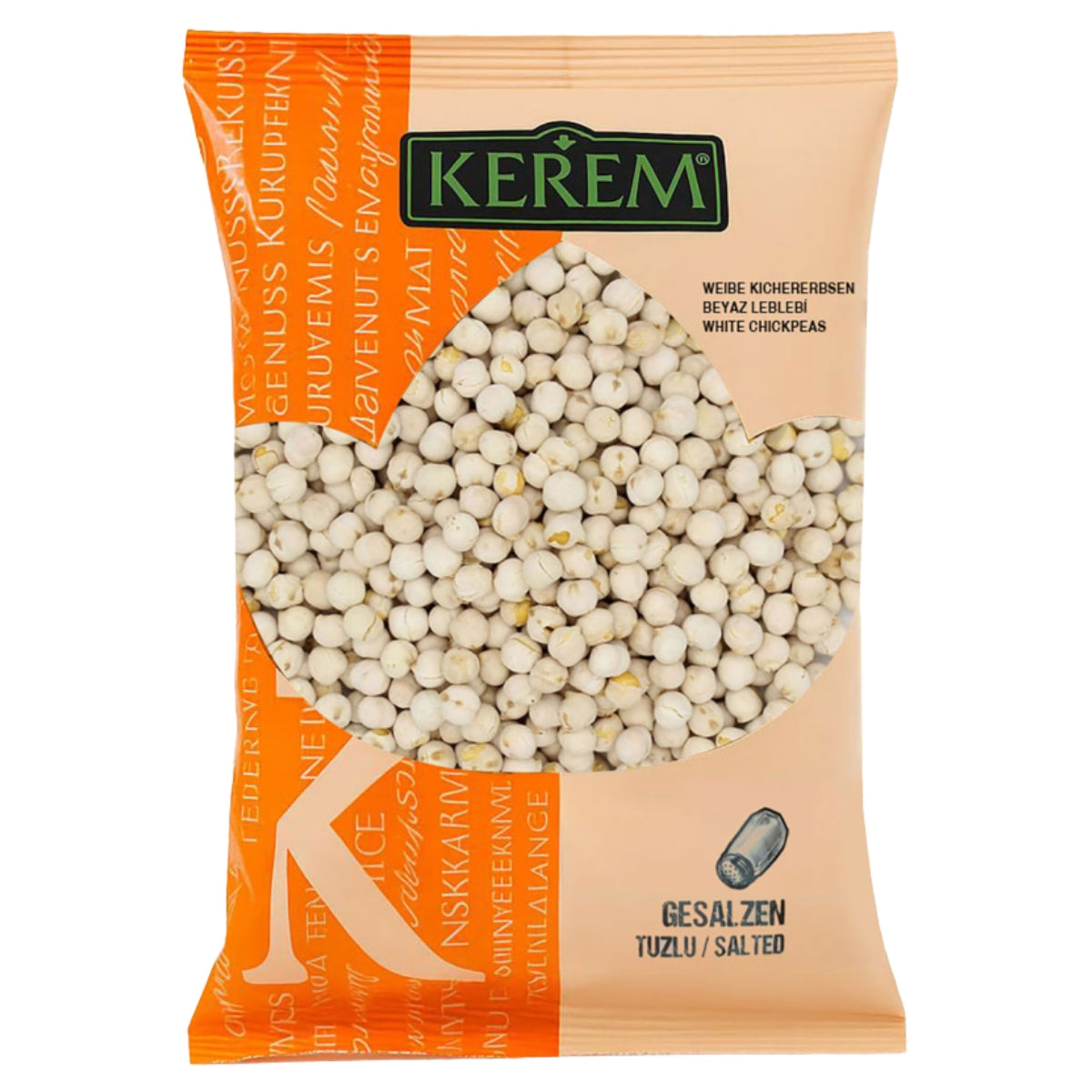 A beige plastic bag labeled “Kerem - Salted White Chickpeas - 225g” from the brand Kerem contains white salted chickpeas prepared with an acid regulator like sodium bicarbonate, and displays product and nutrition information in both German and Turkish on the packaging.
